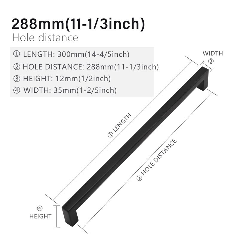 Redunest Cabinet Pulls Matte Black Cabinet Handles Square Drawer Pulls  10 Pack 11-1/3 Inch Stainless Steel Kitchen Door Cupboard Cabinet Handles  Drawer Hardware Handles  288mm Hole Centers - Image 2